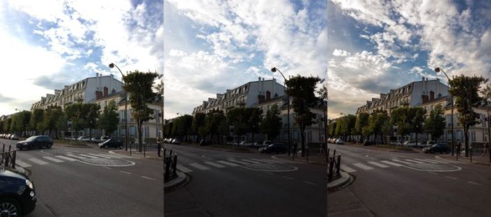 JPEG de la cámara de iOS / RAW sin editar / RAW editado para recuperar detalles del cielo y la calle 