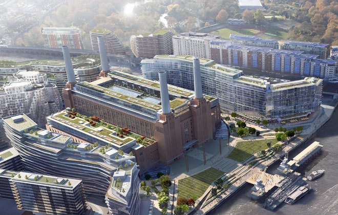 Recreación aérea de la remodelación de la central de Battersea. 